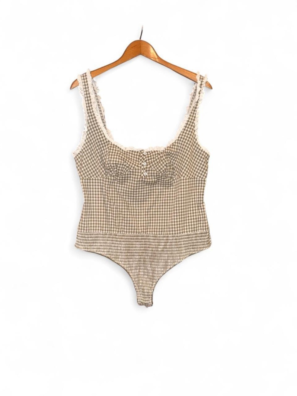 Intimately Free People Bodysuit Olive Green Gingham White Eyelet Lace XL NWT New
